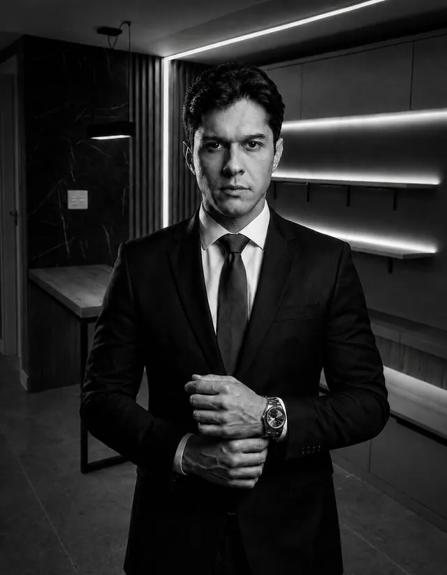 Retrato em preto e branco do advogado Rafael da Silva Rangel, de terno escuro, no escritório.